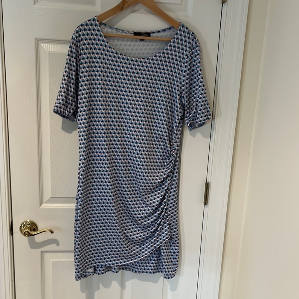 Suzanne Betro Blue and White Ruched Midi Dress